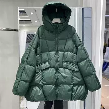 Пуховик женский 2024 осень-зима корейская версия свободный женский большой размер белый утиный пух свободный силуэт куртка средняя и длинная с капюшоном One size чёрный