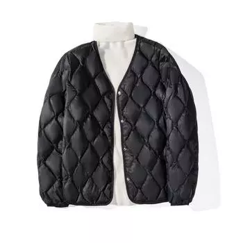 Пуховик женский 2024 осень-зима новый белый утиный пух облачный пуховик легкий и тонкий V-образный вырез ромб термоверхняя куртка M золотисто-коричневый