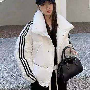 Пуховик женский 2024 осень-зима новый короткий полосатый дизайн sense три полосы свободный воротник стойка зимнее модное пальто S recommends 85-60kg чёрный
