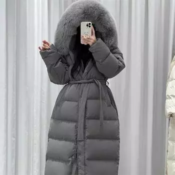 Пуховик женский 2024 зима новый 90 белый утиный пух выше колена теплый с капюшоном лисья шерсть модная теплая куртка женская S (recommended 85-65kg)