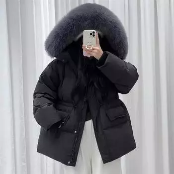 Пуховик женский 2024 зима новый 90% белый утиный пух корейская версия универсальный однотонный воротник из лисьего меха теплый топ с поясом S (90-62.5kg recommended)