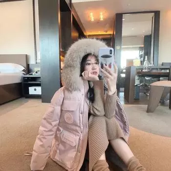 Пуховик женский 2024 зима новый большой меховой воротник капюшон утолщенный повседневный теплый tooling pie over корейская версия куртка S 90-55 kg розовый