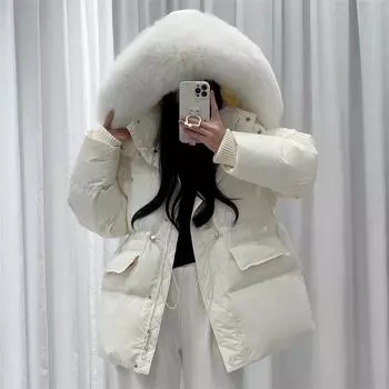 Пуховик женский 2024 зима новый дизайн чувство моды корейская версия 90 белый утиный пух талия теплая верхняя куртка женская S (90-62.5kg recommended)