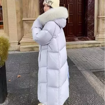 Пуховик женский 2024 зима новый длинный большой меховой воротник тонкий выше колена утолщенный гусиный пух высококачественная куртка XS85-55kg синий