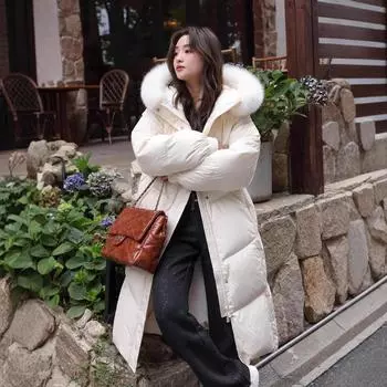 Пуховик женский 2024 зима новый длинный капюшон большой меховой воротник утиный пух модная теплая верхняя куртка пуховик XS