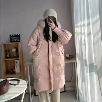 Пуховик женский 2024 зима новый длинный лисьий мех капюшон утолщенный свободный длинный белый утиный пуховик Average size 90-80kg