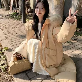 Пуховик женский 2024 зима новый длинный свободный утолщенный 90% белый утиный пух куртка с капюшоном верхняя женская XS 90-57.5 kg