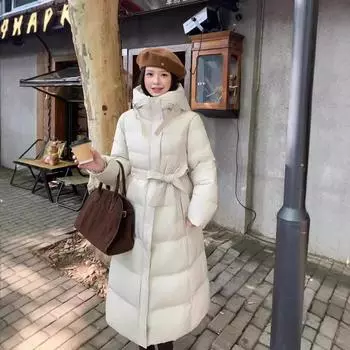 Пуховик женский 2024 зима новый длинный выше колена утолщенный корейский вариант с капюшоном белый утиный пух простое модное пальто прилив M 80-50 kg
