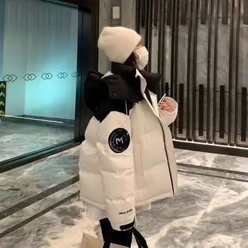 Пуховик женский 2024 зима новый контрастный цвет короткий с капюшоном белый утиный пух утолщенный теплый ветрозащитный пиджак S белый