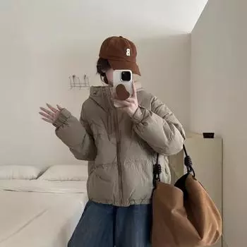 Пуховик женский 2024 зима новый корейский вариант с капюшоном двойная молния белый утиный пух короткий свободный теплый утолщенный пальто S
