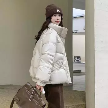 Пуховик женский 2024 зима новый модный дизайн с карманом-сенсором утолщенный воротник-стойка белая теплая куртка на утином пуху S темно-коричневого