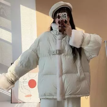 Пуховик женский 2024 зима новый овечья шерсть сращивание белый утиный пух воротник стойка локомотив ветер теплый модный прохладный пальто one size fits all