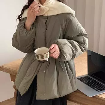 Пуховик женский 2024 зима новый трикотажный сращивание талия белый утиный пух короткое пальто S 90-60 kg бежевый