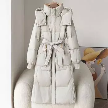 Пуховик женский белый утиный пух 2024 осень и зима новые элитные торговые центры с такой же курткой элитный темперамент длинный оптовая продажа S белый