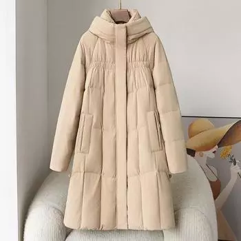 Пуховик женский белый утиный пух 2024 зима новый с капюшоном теплая куртка в китайском стиле модный темперамент колено тонкий S