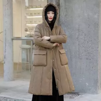 Пуховик женский длинный 2024 зима новый ретро этнический стиль зимняя одежда длиной до колена с капюшоном ромбовидная куртка M (recommended 90-55kg) чёрный