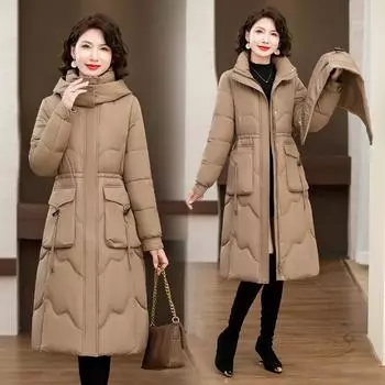 Пуховик женский длинный корейский вариант модная утолщенная куртка с капюшоном M чёрный