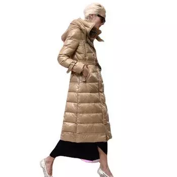 Пуховик женский длинный легкий люксовый модный бренд мода зимняя утолщенная гусиная пуховая блестящая несмываемая куртка выше колена S хаки