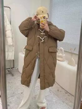 Пуховик женский длинный выше колена высококачественный корейский вариант модный свободный белый утиный пух утолщенное пальто пальто S