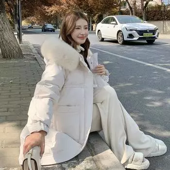 Пуховик женский длинный зимний 2024 новый большой меховой воротник утолщенный теплый корейский вариант свободного повседневного розового пальто S 95-55kg бежевый