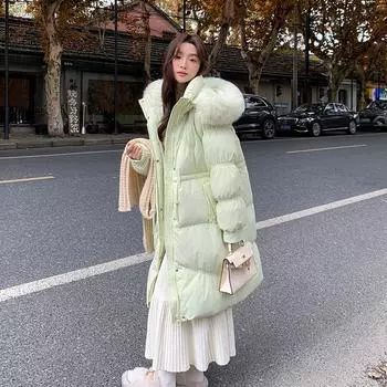 Пуховик женский длиной до колена 2024 новый свободный пояс и тонкий большой меховой воротник утолщенное пальто S 90-60 kg мятный зеленый