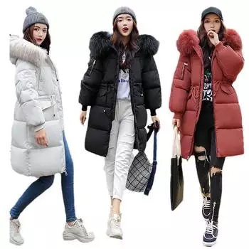 Пуховик женский хлопковый средней длины куртка с большим меховым воротником хлопковая куртка новая партия утолщенных хлопковых курток M белый