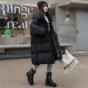 Пуховик женский корейской версии 2024 новый утолщенный белый утиный пух средней и длинной длины с капюшоном свободный зимний дизайн модное пальто S recommends 85-60kg