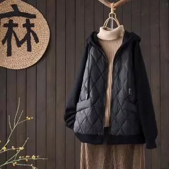 Пуховик женский короткий 2024 новая корейская версия модный свитер с капюшоном на молнии сращивание белый утиный пух теплая куртка M зелёный