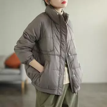 Пуховик женский короткий 2024 новый свободный воротник-стойка белый утиный пуховый жакет модная универсальная зимняя куртка S зелёный