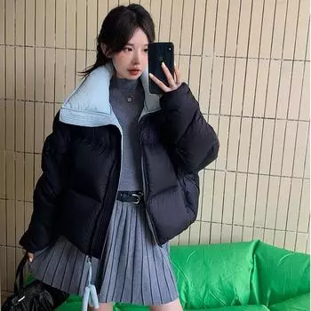 Пуховик женский короткий 2024 новый воротник-стойка корейская версия контрастного цвета высококачественный 90% белый утиный пуховый хлеб куртка S (recommended weight 85-62.5 kg) чёрный