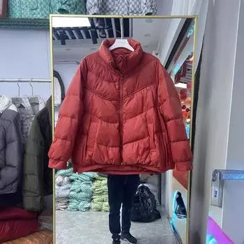 Пуховик женский короткий 2024 новый воротник-стойка свободная грудь две пуговицы белый утиный пух тонкая теплая куртка M чёрный