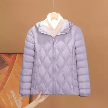 Пуховик женский короткий 2024 осень и зима новый простой и модный легкий и тонкий с капюшоном белый утиный пух тыквенный узор куртка прилив S (recommended weight 80-50 kg) светло-фиолетовый