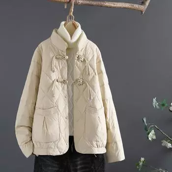 Пуховик женский короткий 2024 зима новый ретро пряжка воротник стойка повседневный белый утиный пух легкий и тонкий теплый куртка прилив M покинуть белый