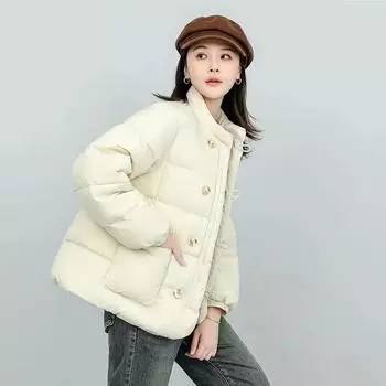 Пуховик женский короткий 2024 зимняя мода воротник-стойка повседневный утолщенный круглая пряжка маленькая теплая белая пуховая куртка S