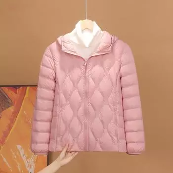 Пуховик женский короткий 2025 осень и зима новый простой и модный легкий и тонкий с капюшоном белый утиный пух тыквенный узор куртка Tide S (recommended weight 80-50 kg)
