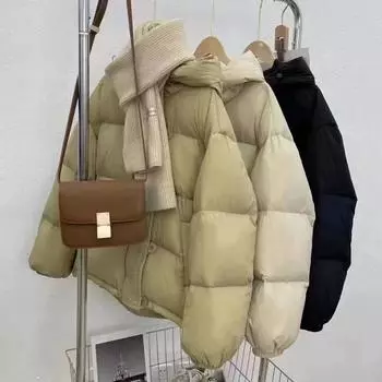 Пуховик женский, короткий, белый утиный пух, модный, свободный, универсальный, с капюшоном, на полпуговицы, утолщенный, корейская версия, модная верхняя одежда S чёрный