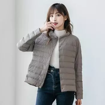 Пуховик женский короткий легкий и тонкий круглый вырез с длинными рукавами корейская версия большой размер приталенный крой с воротником из меха норки куртка прилив M белый