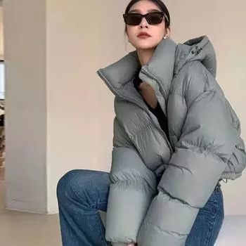 Пуховик женский короткий модель 2024 новая зимняя женская одежда высокого класса воротник стойка теплый утиный пух One size fits all (40kg-75kg recommended) хаки