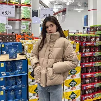 Пуховик женский короткий, новинка 2023 года, зимняя куртка, свободный воротник-стойка, модная повседневная куртка M чёрный