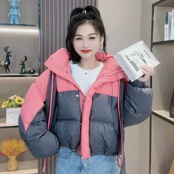 Пуховик женский короткий осенне-зимний новый маленький контрастный цвет стример сращивание утолщенный белый утиный пуховый хлеб куртка S (recommended weight 80-60 kg) розовый