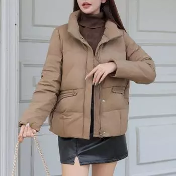 Пуховик женский короткий стиль 2024 новый зимний воротник стойка теплый белый утиный пух S чёрный