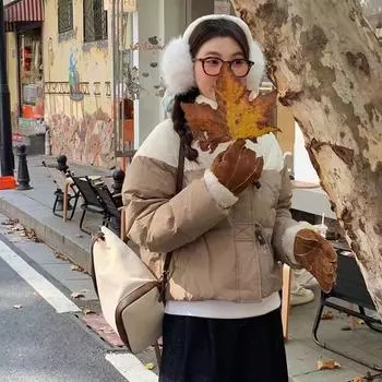 Пуховик женский короткий вариант зимняя новая маленькая модная конструкция чувство контрастных цветов утолщенный теплый белый пуховик S белый