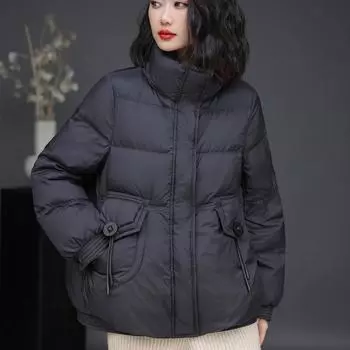 Пуховик женский короткий зимний 2024 новый корейский вариант свободный и тонкий маленький утолщенный белый утиный пух теплая куртка M бежевый