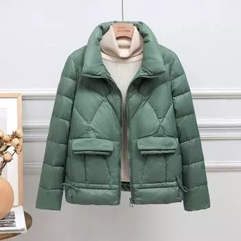 Пуховик женский короткий зимний 2024 новый воротник-стойка тонкий модный зарубежный зеленый белый утиный пух зимнее пальто M красный