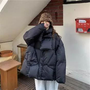 Пуховик женский короткий зимний новый корейский вариант утолщенный шарф свободный модный рукав семь четвертей теплая куртка для хлеба One size хаки