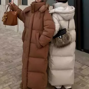 Пуховик женский литературный и ретро длинный зимний 2024 новый корейский колено с капюшоном свободный большой стеганый жакет прилив S чёрный