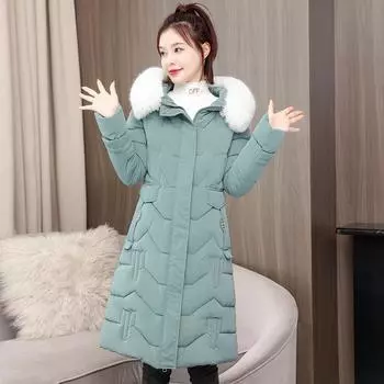 Пуховик женский, модель средней длины, зима 2023, новая приталенная толстая куртка с большим меховым воротником M белый