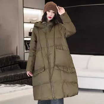 Пуховик женский модный теплый свободный средний и длинный белый утиный пух зимняя одежда M size 90-60kg темно-коричневого