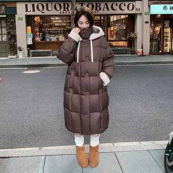 Пуховик женский новый 95 пух длинный свободный утолщенный до колена с капюшоном теплый пуховик на осень и зиму 2024 года S белый