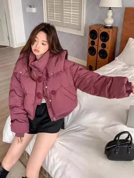 Пуховик женский новый белый утиный пух с капюшоном маленький короткий свободный вариант утолщенная куртка из хлеба average size, recommended within 72.5 kg чёрный